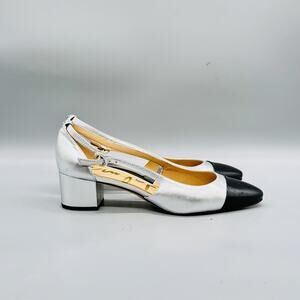 Sam Edelman Shoes Women 9 Silver Leather Black Slingback Cap Toe Block Heel Pump